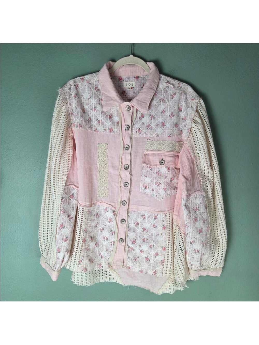 POL Pink & Cream Patchwork Lace Button-Front Jacket